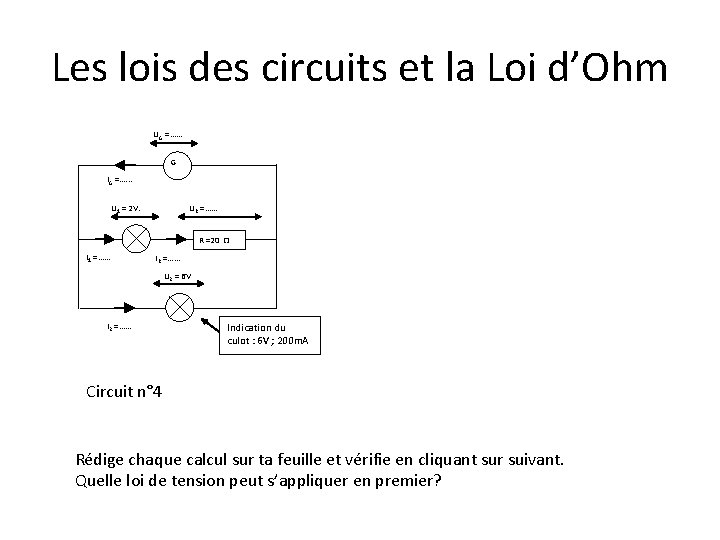 Les lois des circuits et la Loi d’Ohm UG =…. . . G IG