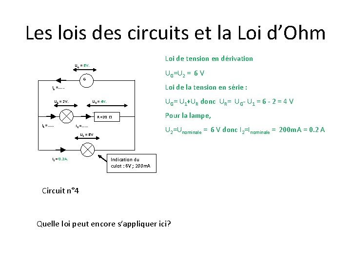 Les lois des circuits et la Loi d’Ohm Loi de tension en dérivation UG