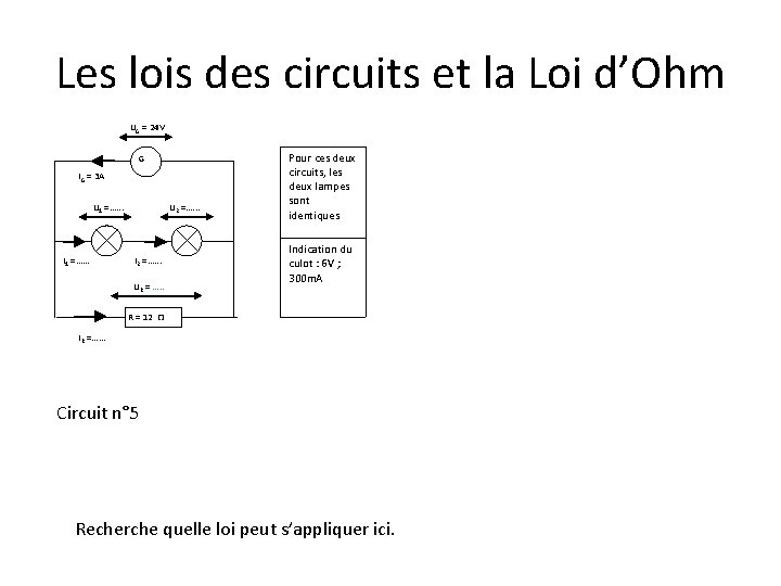 Les lois des circuits et la Loi d’Ohm UG = 24 V G IG