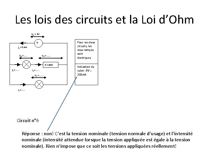 Les lois des circuits et la Loi d’Ohm UG = 6 V G IG