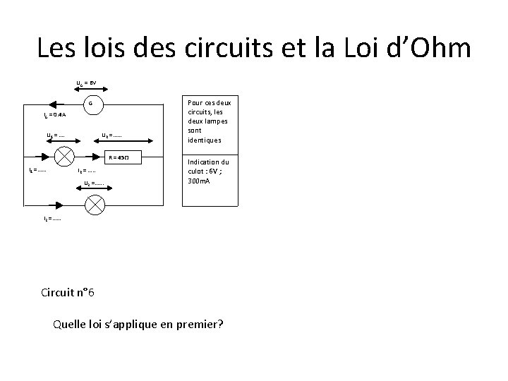 Les lois des circuits et la Loi d’Ohm UG = 6 V G IG