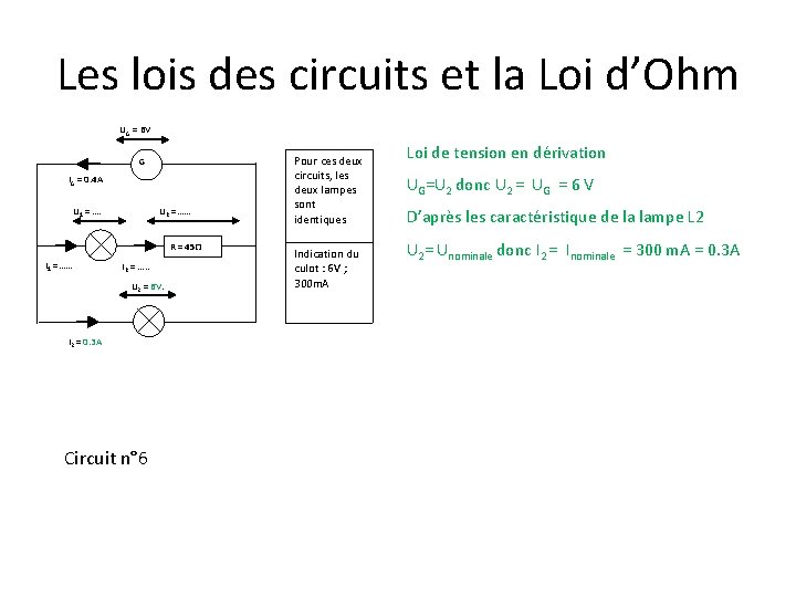 Les lois des circuits et la Loi d’Ohm UG = 6 V G IG