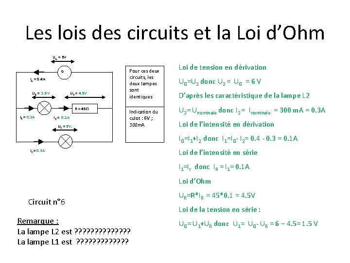 Les lois des circuits et la Loi d’Ohm UG = 6 V G IG