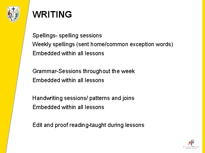 WRITING Spellings- spelling sessions Weekly spellings (sent home/common exception words) Embedded within all lessons