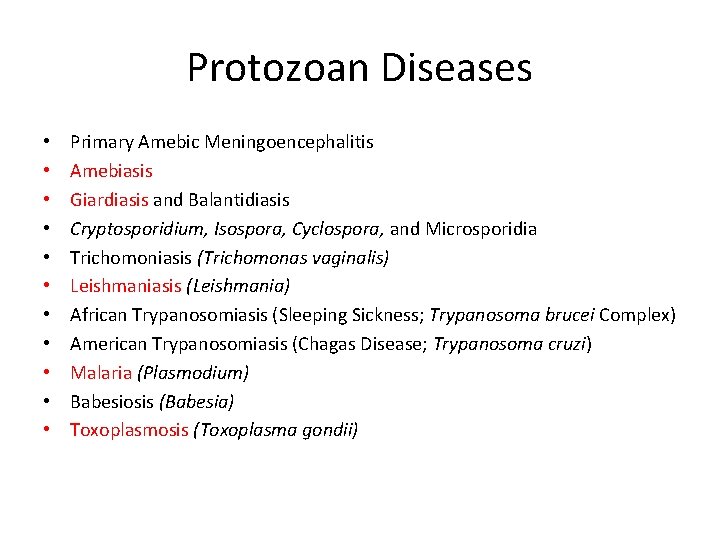 Protozoan Diseases • • • Primary Amebic Meningoencephalitis Amebiasis Giardiasis and Balantidiasis Cryptosporidium, Isospora,