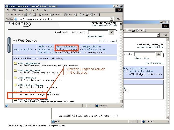 View for Budget to Actuals in the GL area Copyright © May 2004 by