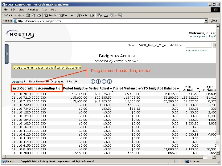 Drag column header to grey bar Copyright © May 2004 by Noetix Corporation –