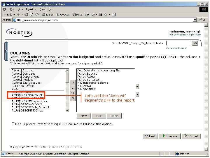 Let’s add the “Account” segment’s DFF to the report Copyright © May 2004 by