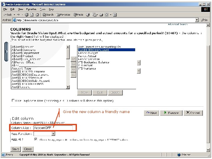 Give the new column a friendly name Copyright © May 2004 by Noetix Corporation