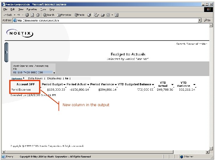 New column in the output Copyright © May 2004 by Noetix Corporation – All