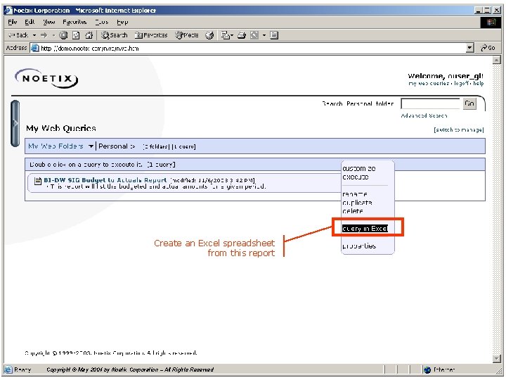 Create an Excel spreadsheet from this report Copyright © May 2004 by Noetix Corporation