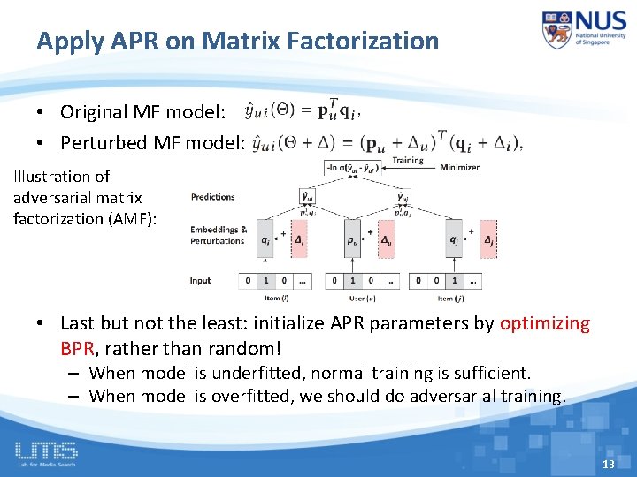 Apply APR on Matrix Factorization • Original MF model: • Perturbed MF model: Illustration