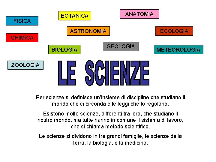 ANATOMIA BOTANICA FISICA ASTRONOMIA ECOLOGIA CHIMICA BIOLOGIA GEOLOGIA METEOROLOGIA ZOOLOGIA Per scienze si definisce