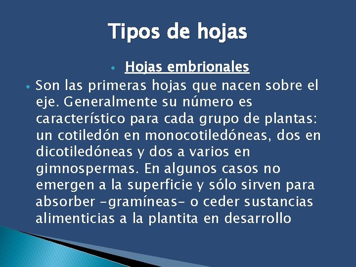 Tipos de hojas Hojas embrionales Son las primeras hojas que nacen sobre el eje.