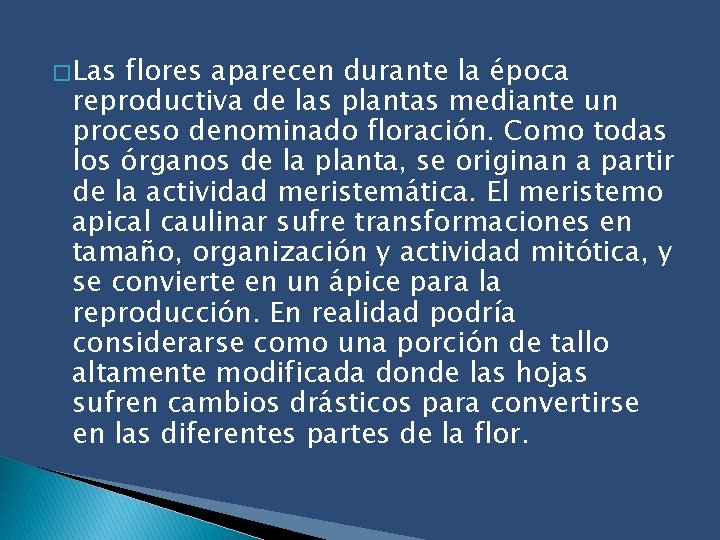 � Las flores aparecen durante la época reproductiva de las plantas mediante un proceso