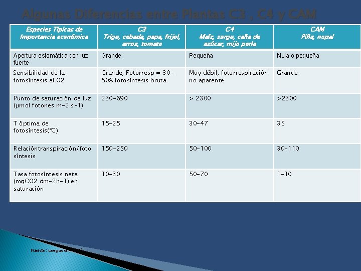 Algunas Diferencias entre Plantas C 3 , C 4 y CAM Especies Típicas de