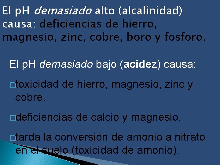 El p. H demasiado alto (alcalinidad) causa: deficiencias de hierro, magnesio, zinc, cobre, boro