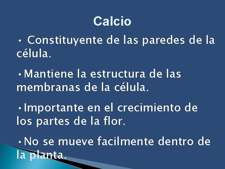 Calcio • Constituyente de las paredes de la célula. • Mantiene la estructura de