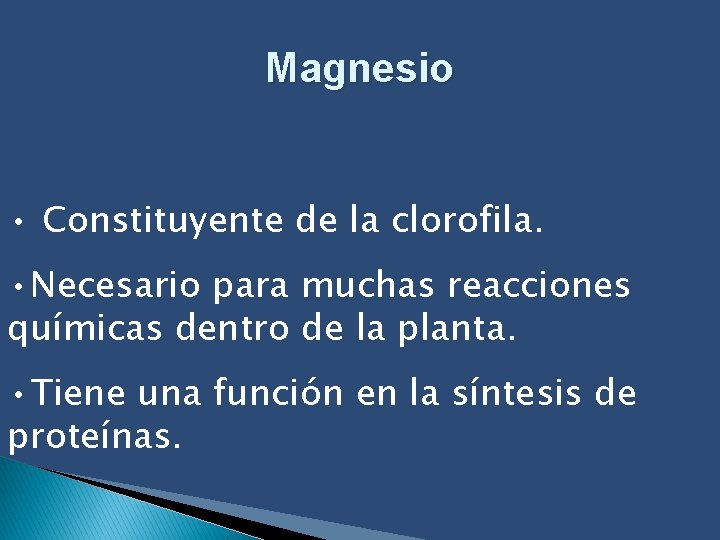 Magnesio • Constituyente de la clorofila. • Necesario para muchas reacciones químicas dentro de