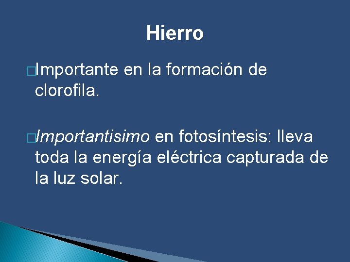 Hierro �Importante en la formación de clorofila. �Importantisimo en fotosíntesis: lleva toda la energía