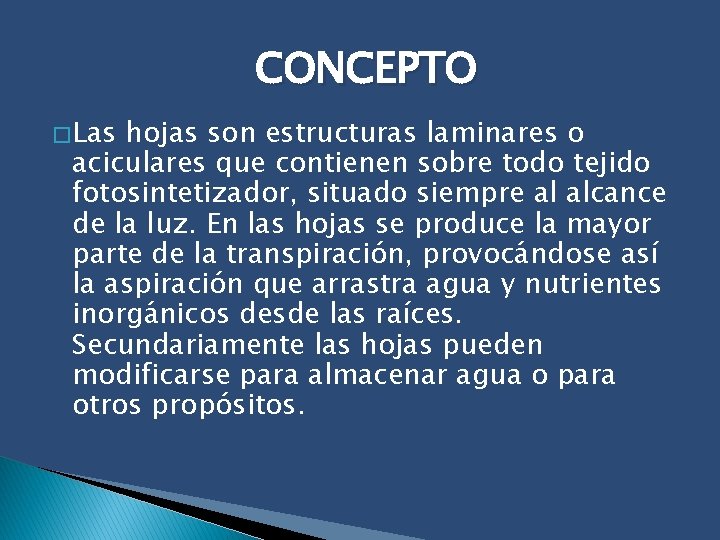 CONCEPTO � Las hojas son estructuras laminares o aciculares que contienen sobre todo tejido