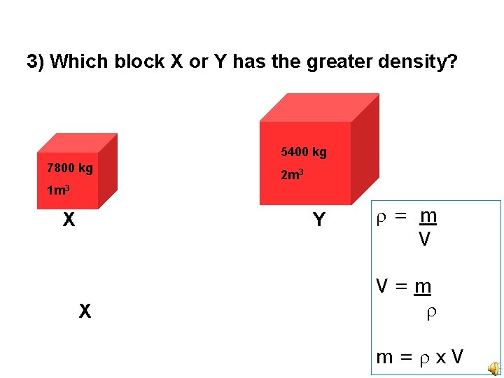 3) Which block X or Y has the greater density? 5400 kg 7800 kg