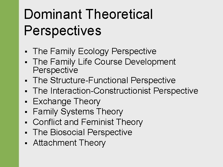 Dominant Theoretical Perspectives § § § § § The Family Ecology Perspective The Family