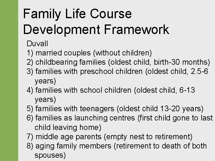 Family Life Course Development Framework Duvall 1) married couples (without children) 2) childbearing families