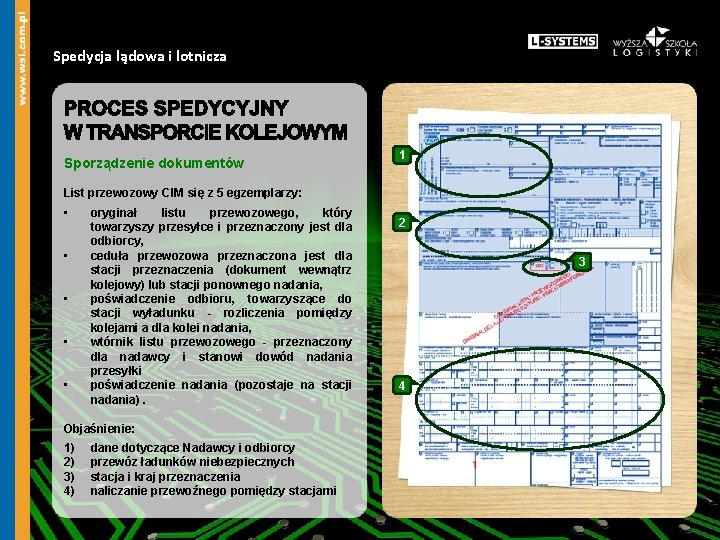 Spedycja lądowa i lotnicza Sporządzenie dokumentów 1 List przewozowy CIM się z 5 egzemplarzy: