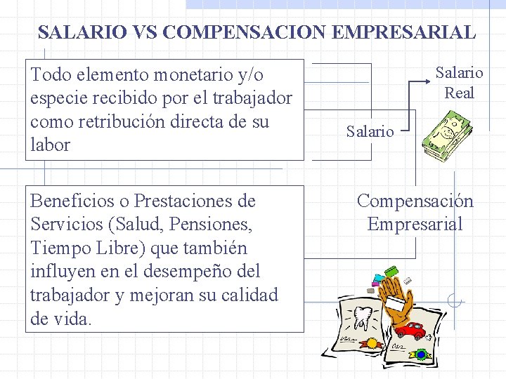 SALARIO VS COMPENSACION EMPRESARIAL Todo elemento monetario y/o especie recibido por el trabajador como
