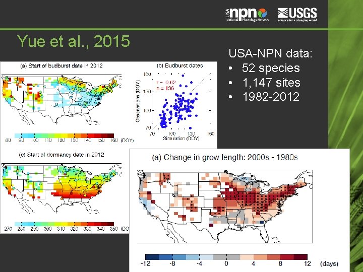 Yue et al. , 2015 USA-NPN data: • 52 species • 1, 147 sites Yue et al. , 2015 USA-NPN data: • 52 species • 1, 147 sites
