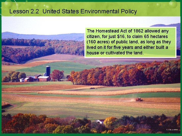 Lesson 2. 2 United States Environmental Policy The Homestead Act of 1862 allowed any Lesson 2. 2 United States Environmental Policy The Homestead Act of 1862 allowed any