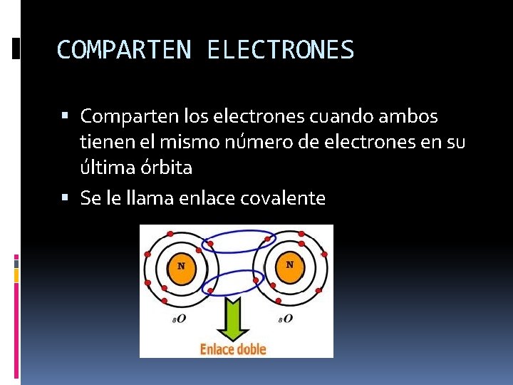 COMPARTEN ELECTRONES Comparten los electrones cuando ambos tienen el mismo número de electrones en