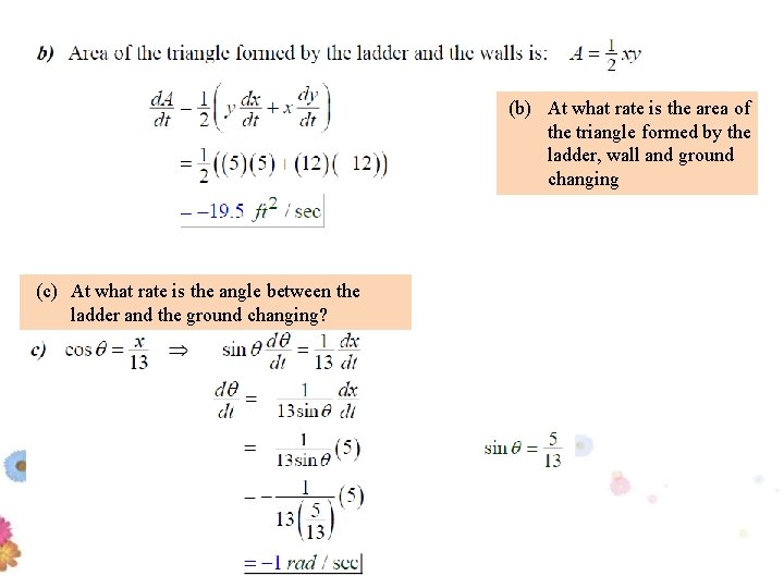 (b) At what rate is the area of the triangle formed by the ladder,