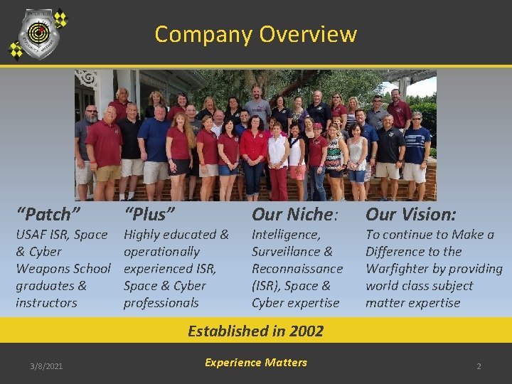 Company Overview “Patch” USAF ISR, Space & Cyber Weapons School graduates & instructors “Plus”