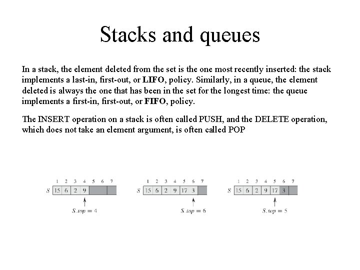 Stacks and queues In a stack, the element deleted from the set is the