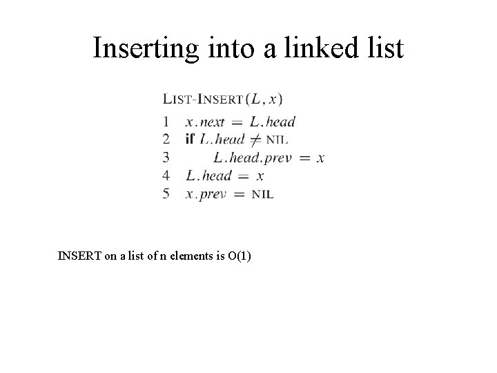 Inserting into a linked list INSERT on a list of n elements is O(1)