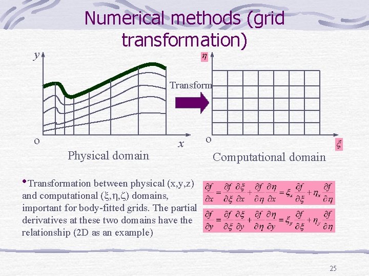 y Numerical methods (grid transformation) Transform o Physical domain x o Computational domain •