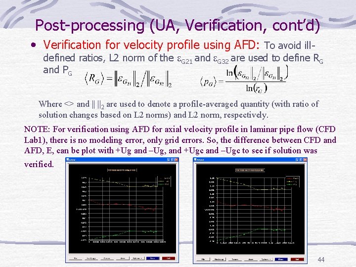 Post-processing (UA, Verification, cont’d) • Verification for velocity profile using AFD: To avoid ill-