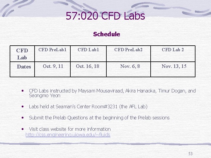 57: 020 CFD Labs Schedule CFD Lab Dates CFD Pre. Lab 1 CFD Lab