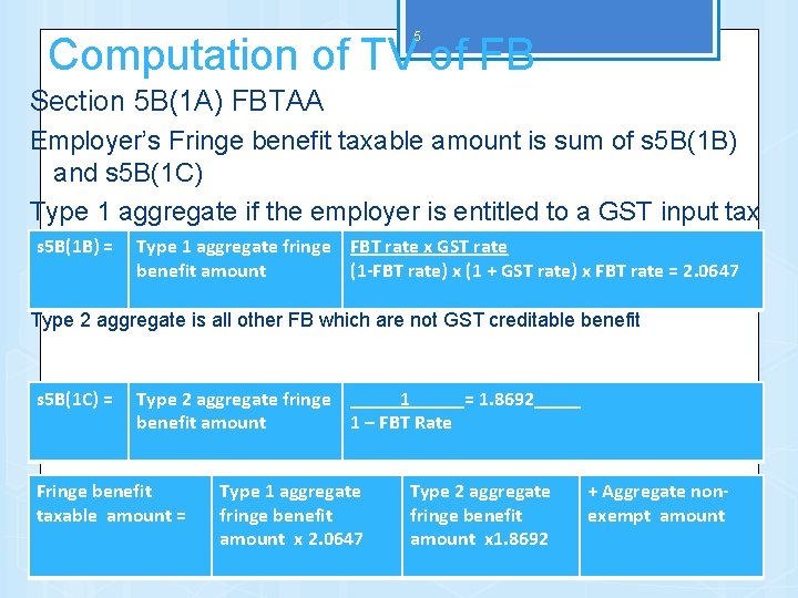 5 Computation of TV of FB Section 5 B(1 A) FBTAA Employer’s Fringe benefit