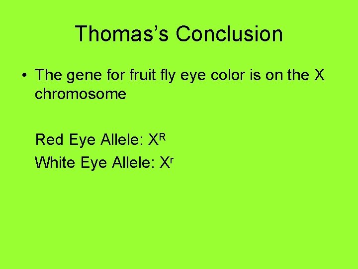 Thomas’s Conclusion • The gene for fruit fly eye color is on the X