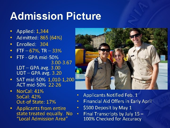 Admission Picture Applied: 1, 344 Admitted: 865 (64%) Enrolled: 304 FTF – 67%, TR