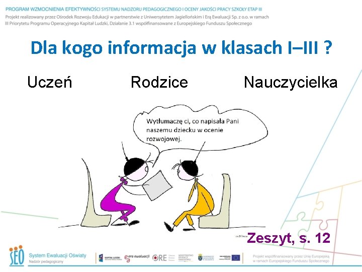 Dla kogo informacja w klasach I–III ? Uczeń Rodzice Nauczycielka Zeszyt, s. 12 