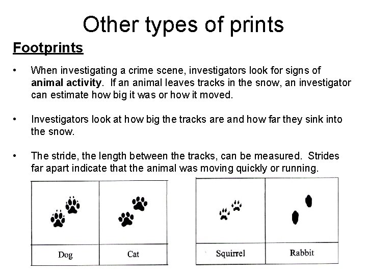 Other types of prints Footprints • When investigating a crime scene, investigators look for