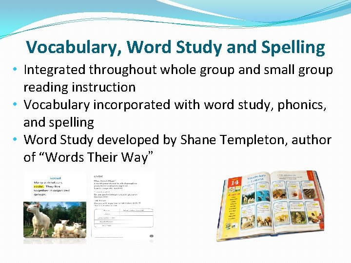 Vocabulary, Word Study and Spelling • Integrated throughout whole group and small group reading