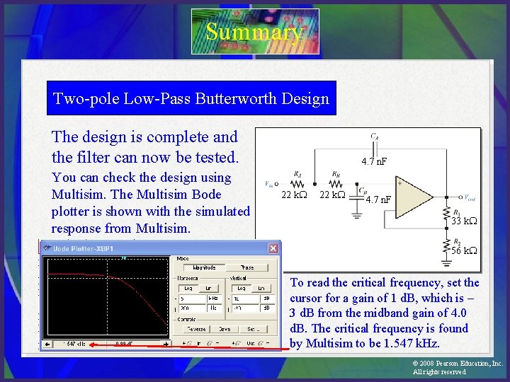 Summary Two-pole Low-Pass Butterworth Design The design is complete and the filter can now