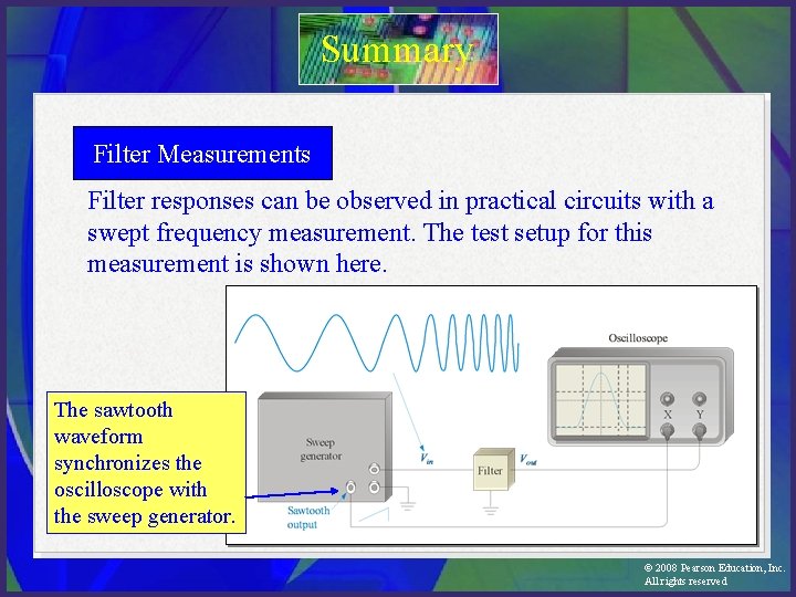 Summary Filter Measurements Filter responses can be observed in practical circuits with a swept