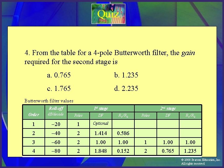 Quiz 4. From the table for a 4 -pole Butterworth filter, the gain required