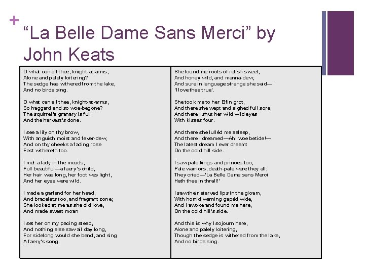 + “La Belle Dame Sans Merci” by John Keats O what can ail thee,